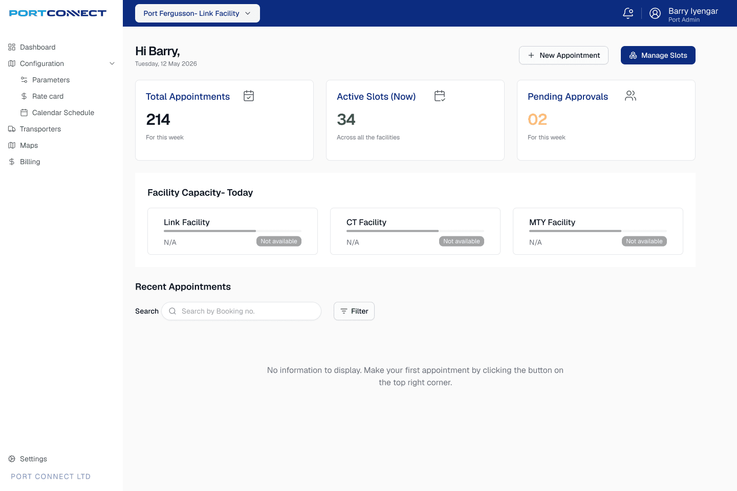 Port admin day-one view: bookings, exceptions and yard activity