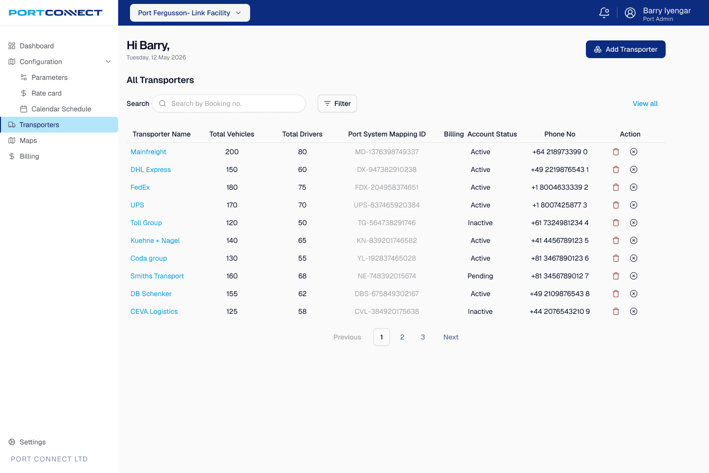 Port admin transporters list: mapped carriers, status and agreements
