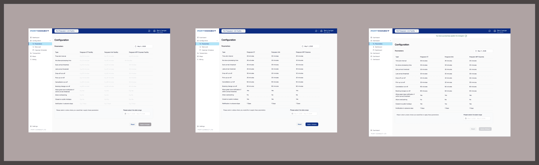 Figma: port-admin parameter screens laid out as a section