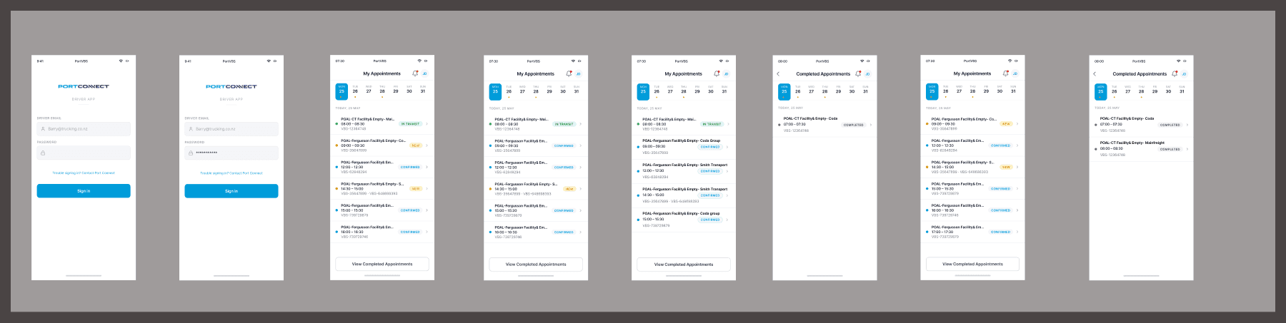 Figma: driver-app login and home screens in one row