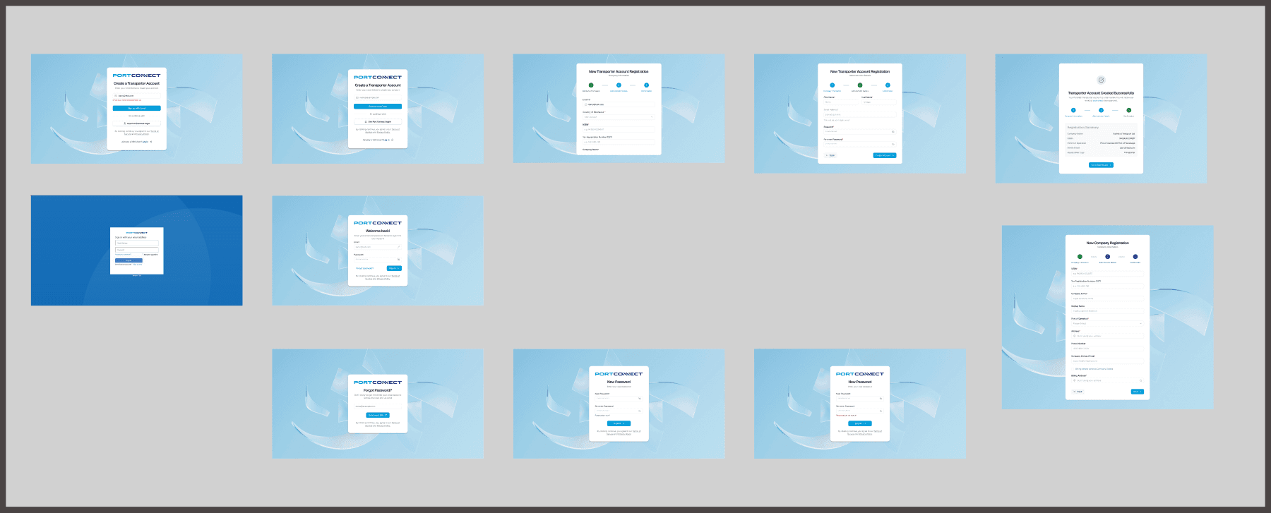 Figma: transporter sign-up and sign-in flows laid out as a connected row