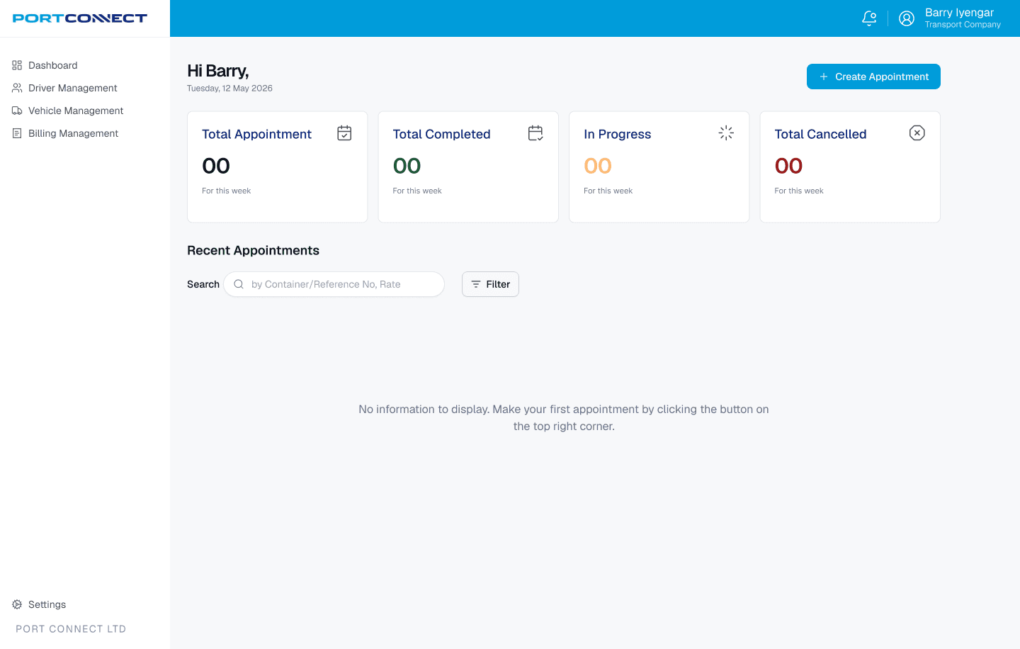 Transporter dashboard empty state: no appointments yet, with filters for exceptions and map