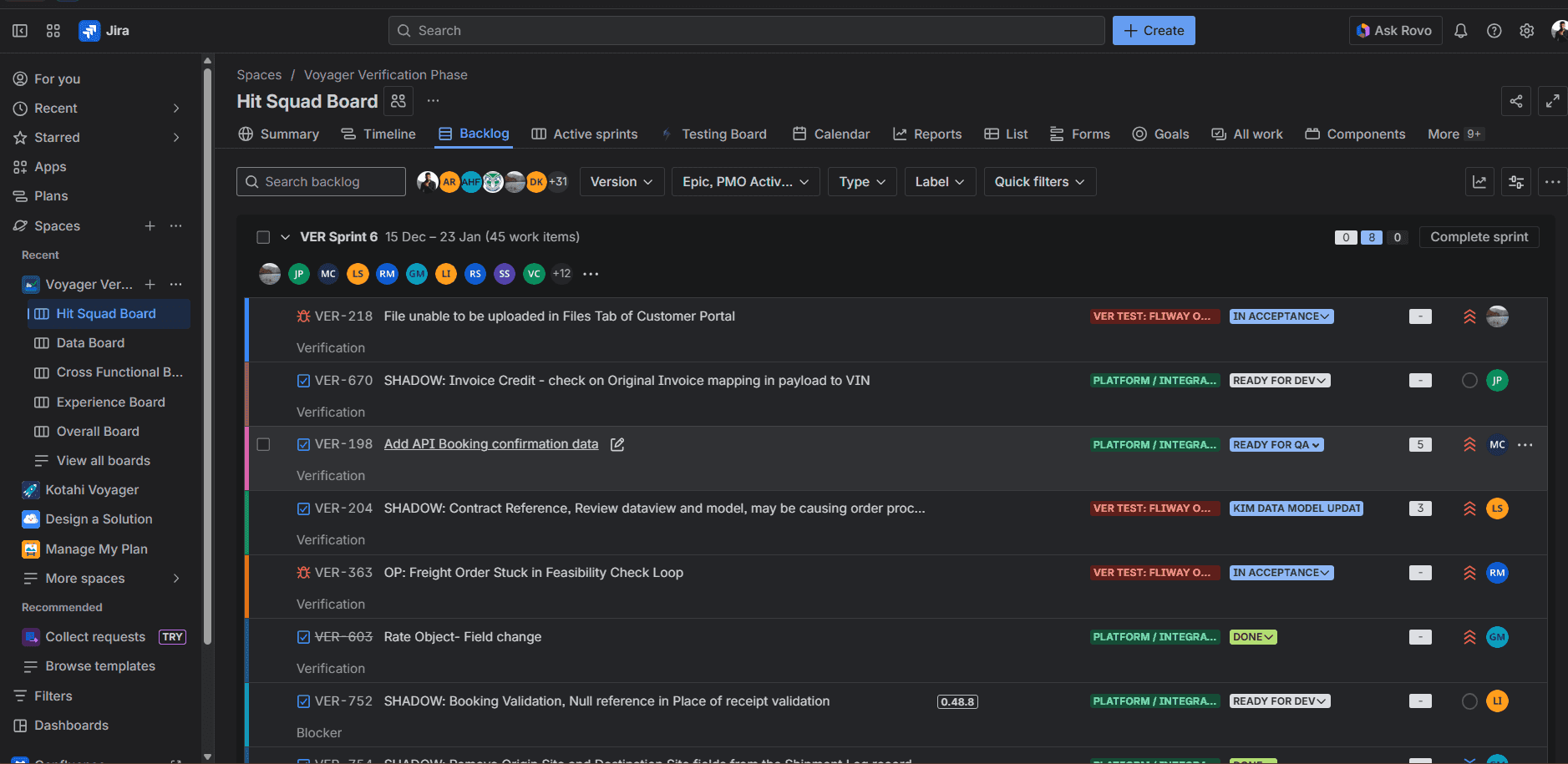 Jira board used to track programme progress