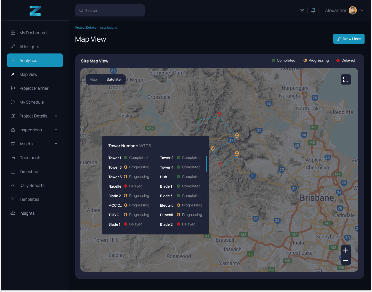 Map view: tower WTG6 with component status completed, progressing or delayed