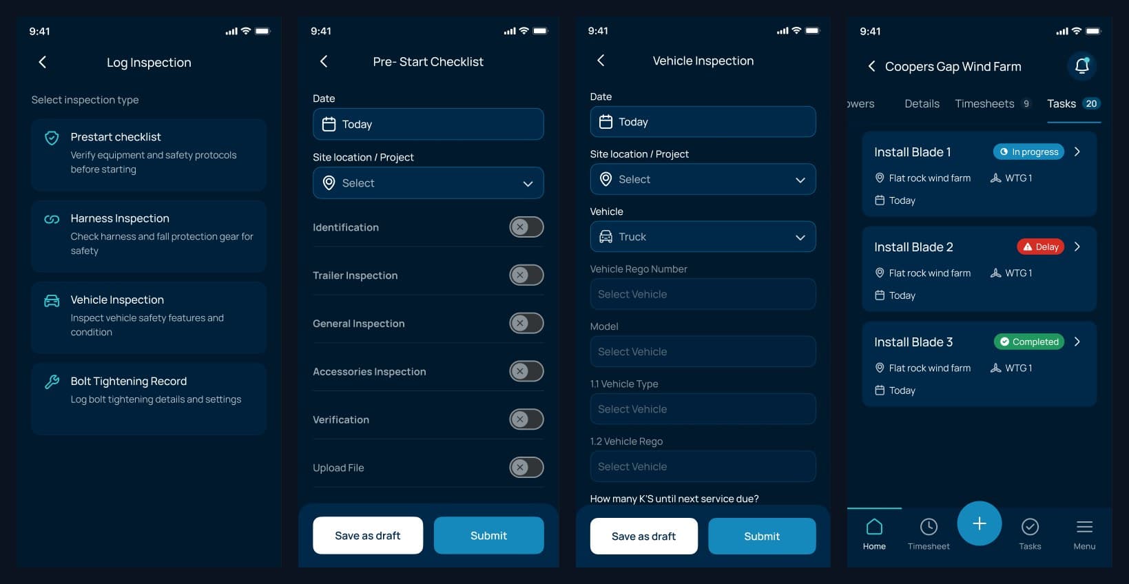 Field app: log inspection, pre-start checklist, vehicle inspection and tasks