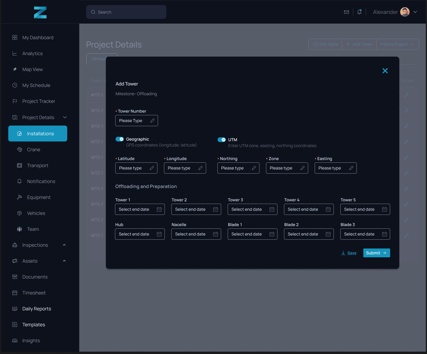Project dashboard with turbine map and construction progress